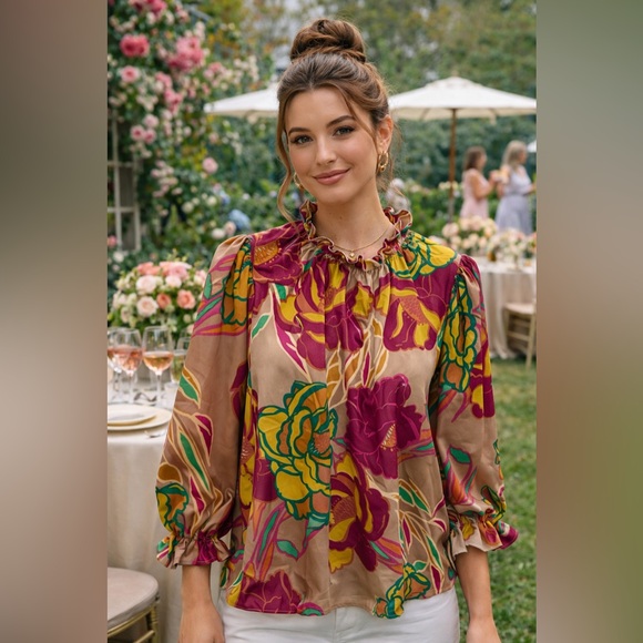 ENTRO Floral Ruffle Neck Blouse in Mustard, Green & Berry SM - Picture 2 of 8